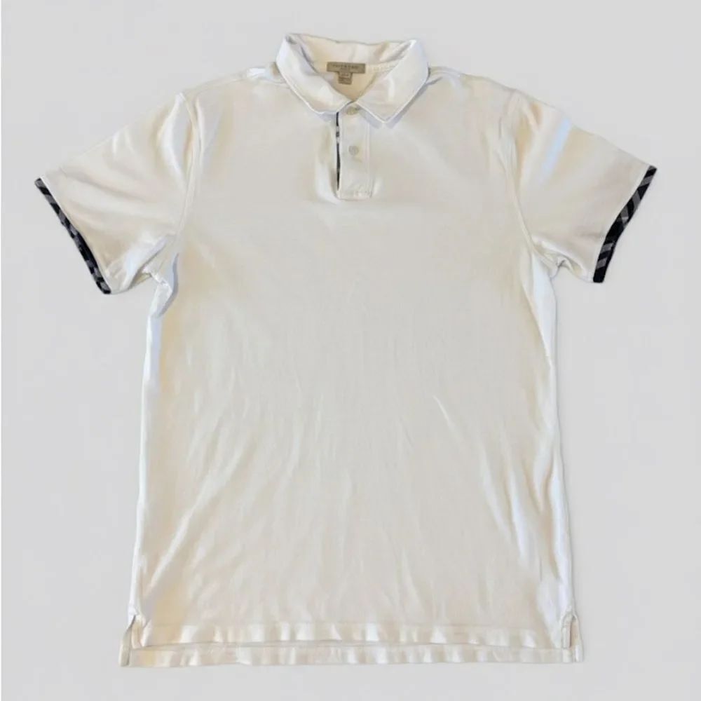 Burberry Brit Men’s Classic White Polo Shirt with Black & White Plaid Trim XL